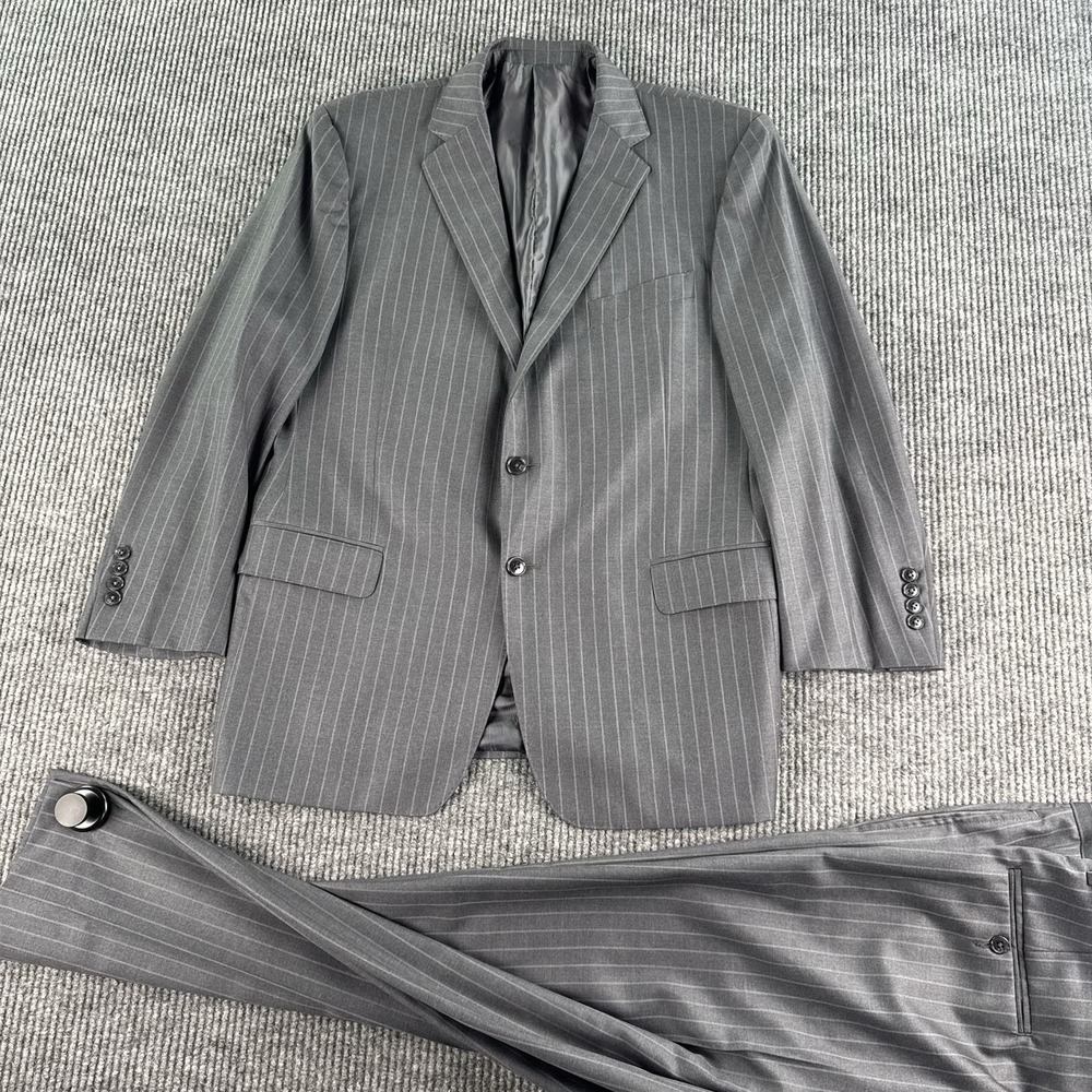 Jos. A Bank Suit 43R Gray Wool Striped Reserve Guabello Italy 37x29.5 Tailored